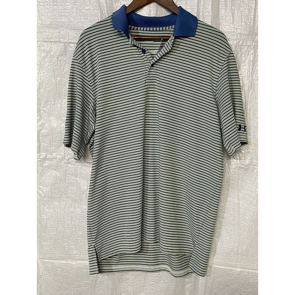 Under Armour Golf Polo Shirt Striped Performance Athletic Blue Green Size M